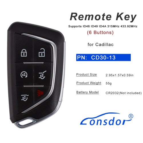 LONSDOR CD30-13 Remote Key 6 Buttons Supports ID46 ID49 ID4A 315MHz 433.92MHz for Cadillac