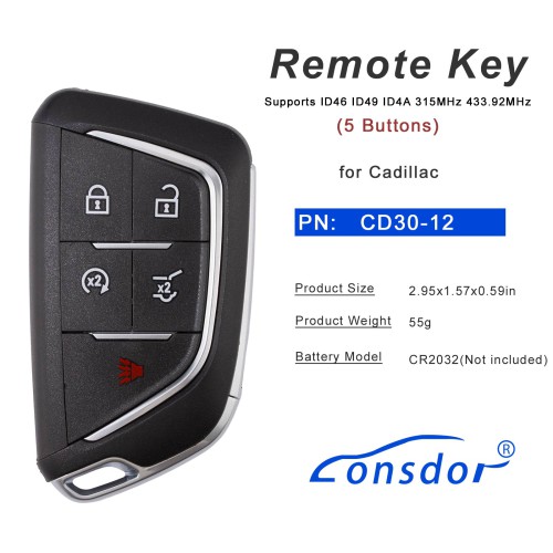 LONSDOR CD30-12 Remote Key 5 Buttons Supports ID46 ID49 ID4A 315MHz 433.92MHz for Cadillac