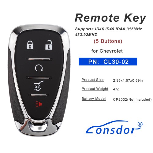 LONSDOR CL30-02 Remote Key 5 Buttons Supports ID46 ID49 ID4A 315MHz 433.92MHZ for Chevrolet