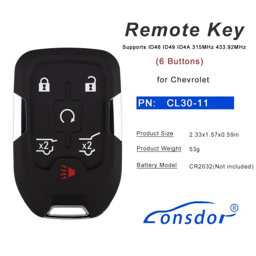 LONSDOR CL30-11 Remote Key 6 Buttons Supports ID46 ID49 ID4A 315MHz 433.92MHZ for Chevrolet