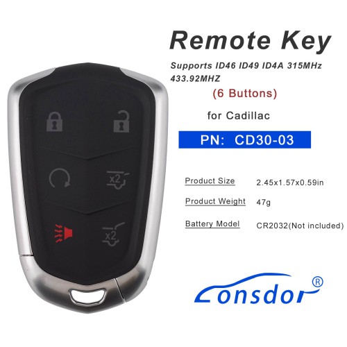LONSDOR CD30-03 Remote Key 6 Buttons Supports ID46 ID49 ID4A 315MHz 433.92MHz for Cadillac