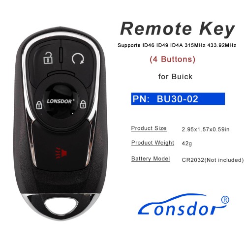 LONSDOR BU30-02 Remote Key 4 Buttons Supports ID46 ID49 ID4A 315MHz 433.92MHz for Buick