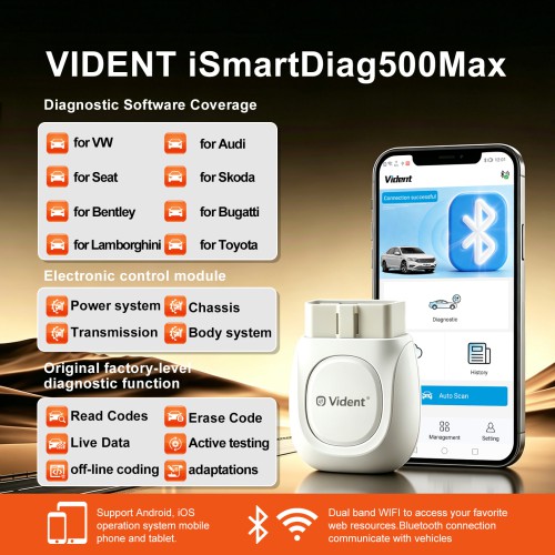 VIDENT iSmartDiag500Max Supports OE Level Diagnosis, Off-line Coding & Adaptations, ABS Bleeding, EPB,Injector Coding