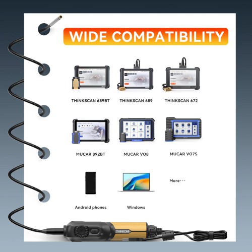 THINKCAR USB Endoscope TES 102 5.5mm IP67 Water Proof 6-Adjustable LED Lights 1280*720 Definition, Works with THINKSCAN 689BT/MUCAR 892BT/MUCAR VO8
