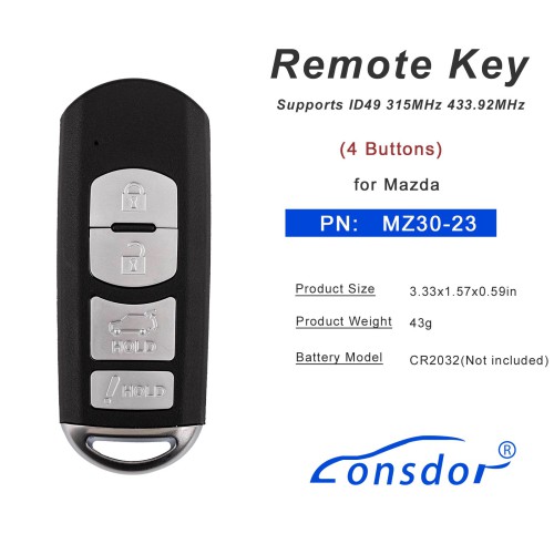 LONSDOR MZ30-23 Remote Key 4 Buttons Supports ID49 315MHz 433.92MHz for Mazda