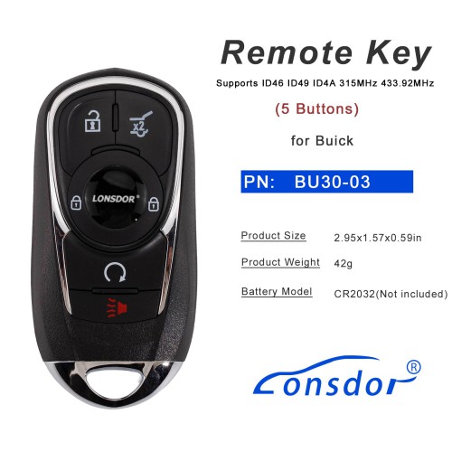 LONSDOR BU30-03 Remote Key 5 Buttons Supports ID46 ID49 ID4A 315MHz 433.92MHz for Buick