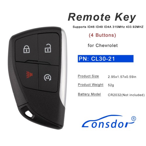 LONSDOR CL30-21 Remote Key 4 Buttons Supports ID46 ID49 ID4A 315MHz 433.92MHZ for Chevrolet