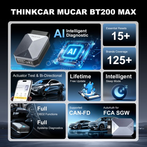 THINKCAR MUCAR BT200 MAX  AI-Powered Diagnostics Scanner Supports Full OBD2 Functions, 15+ Reset Services, CAN-FD & FCA