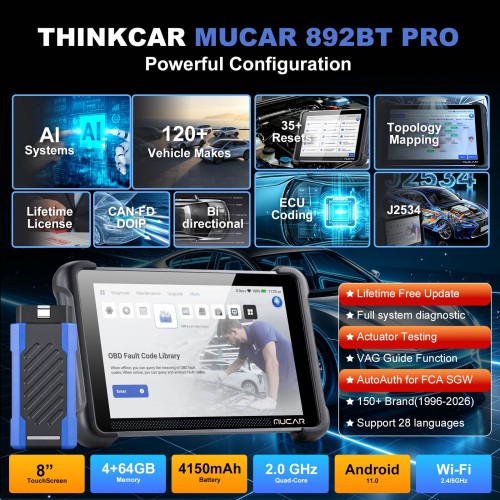 THINKCAR MUCAR 892BT PRO Bluetooth Diagnostic Scanner with AI Function, Supports CANFD & DOIP & J2534, 35 Reset Functions,Topology Mapping, ECU Coding