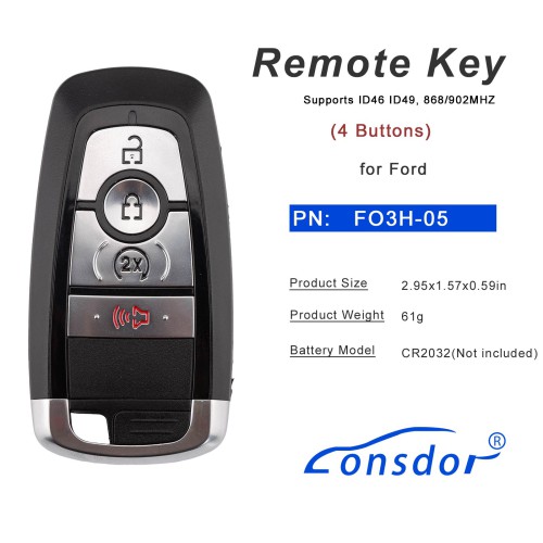 LONSDOR FO3H-05 High Frequency Remote Key 4 Buttons for Ford Supports ID46 ID49, 868/902MHZ