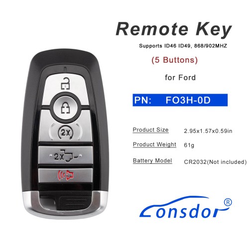 LONSDOR FO3H-0D High Frequency Remote Key 5 Buttons for Ford Supports ID46 ID49, 868/902MHZ