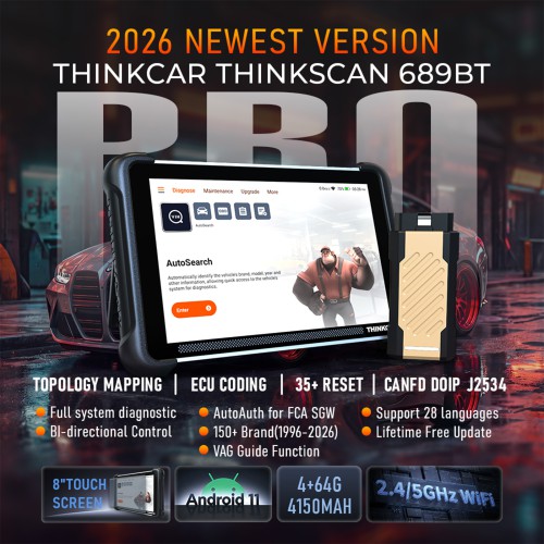 THINKCAR THINKSCAN 689BT PRO Bluetooth Diagnostic Scanner with AI Function, Supports CANFD & DOIP & J2534, 35 Resets,Topology Mapping, ECU Coding