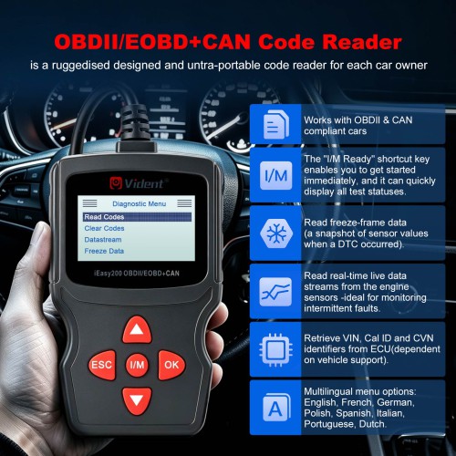 VIDENT iEasy200 OBDII/EOBD+CAN Code Reader for Vehicle Checking Engine Light Car Diagnostic Scan Tool