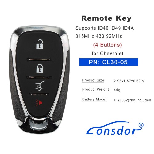 LONSDOR CL30-06 Remote Key 4 Buttons Supports ID46 ID49 ID4A 315MHz 433.92MHz for Chevrolet