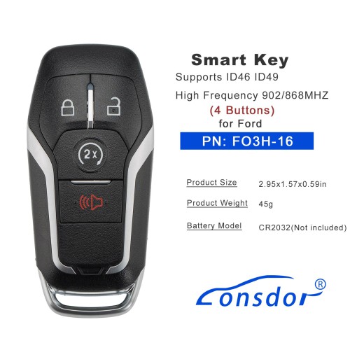 LONSDOR FO3H Series Smart Key FO3H-16 Supports ID46 ID49 High Frequency 902/868MHZ 4 Buttons for Ford