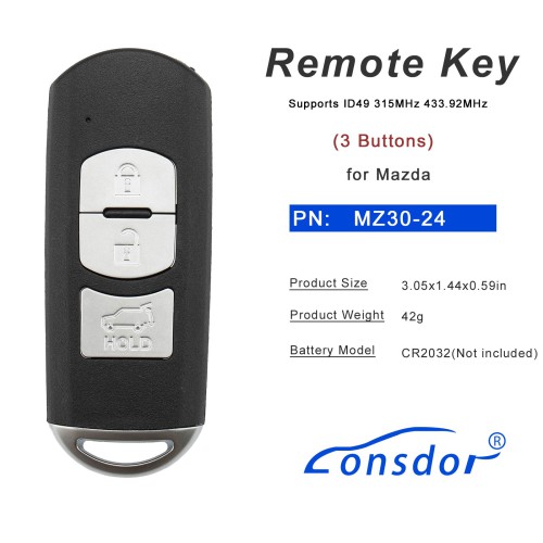 LONSDOR MZ30-24 Remote Key 3 Buttons Supports ID49 315MHz 433.92MHz for Mazda
