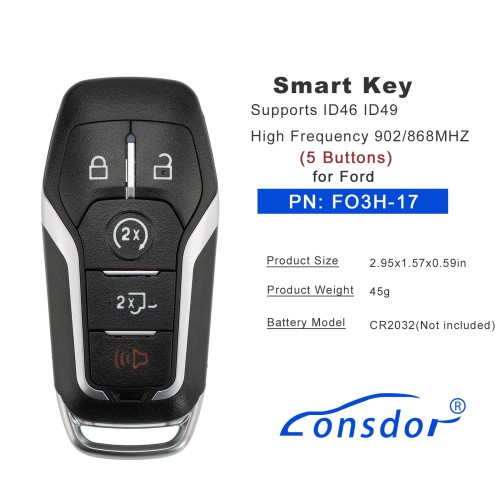 LONSDOR FO3H Series Smart Key FO3H-17 Supports ID46 ID49 High Frequency 902/868MHZ 5 Buttons for Ford