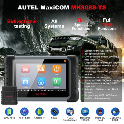 AUTEL MaxiCOM MK808S-TS Car Scanner, Bidirectional Tool with 36+ Service, All Systems Diagnoses, Top TPMS Relearn Programming Scanner, Bluetooth