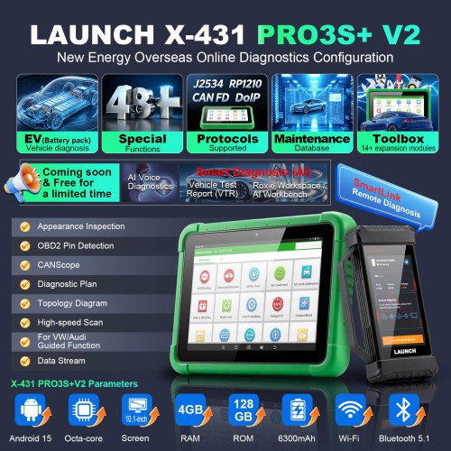LAUNCH X-431 PRO3S+ V2 New Energy Overseas Online Diagnostics Configuration