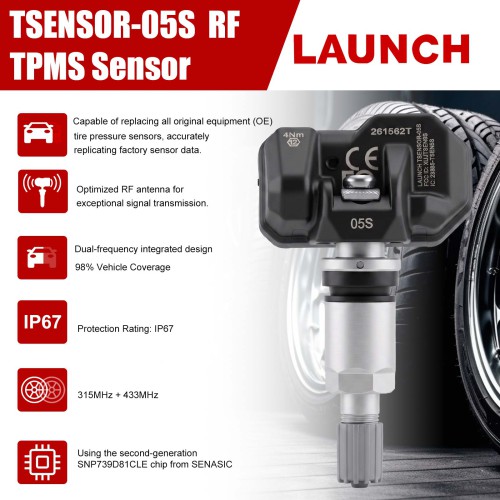LAUNCH TSENSOR-05S RF TPMS Sensor (Overseas Configuration with Adjustable Angle Sandblasted Silver Aluminum)
