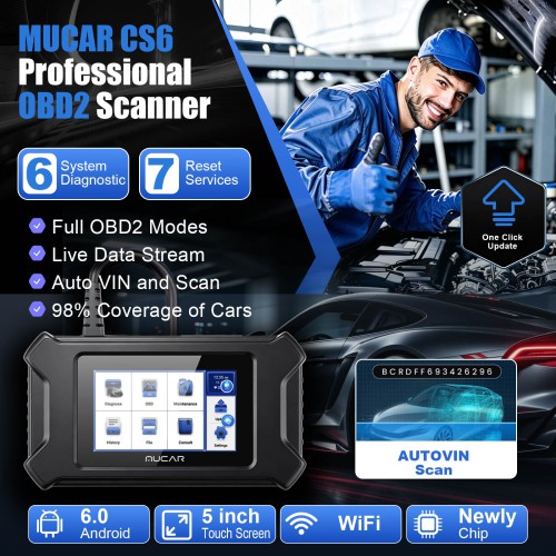 THINKCAR MUCAR CS6 Diagnostic Scanner Supports 6 System Diagnoses, 7 Reset Services, Full OBD2 Functions