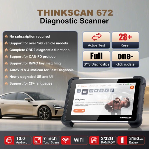 THINKSCAN 672 Diagnostic Scanner Supports CAN-FD Protocol, 28+ Languages, 28+ Reset Functions, IMMO Key Matching