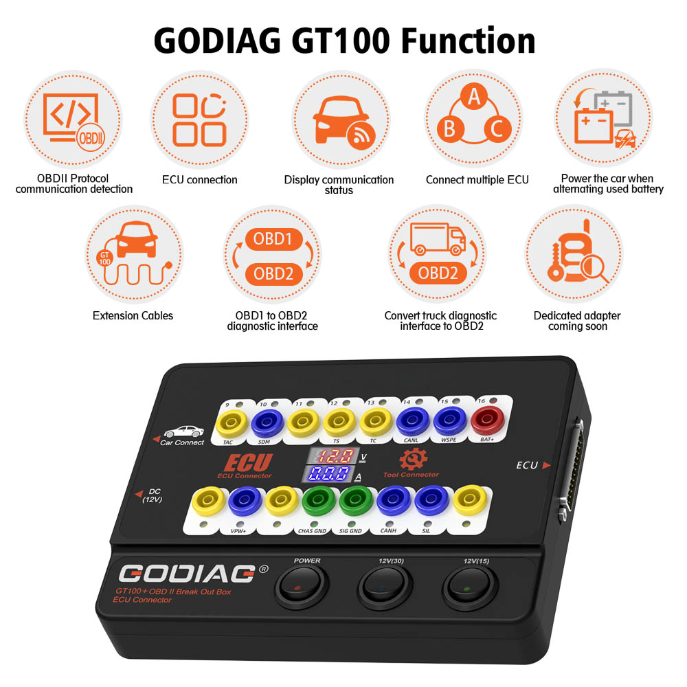 GODIAG GT100 + GT100 Pro OBDII Breakout Box mit elektronischer Stromanzeige
